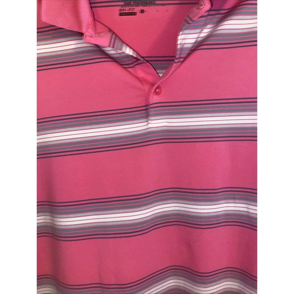 Nike Golf‎ Tour Performance Pink & White Striped Dri-Fit Polo Shirt Size Large - Picture 2 of 8